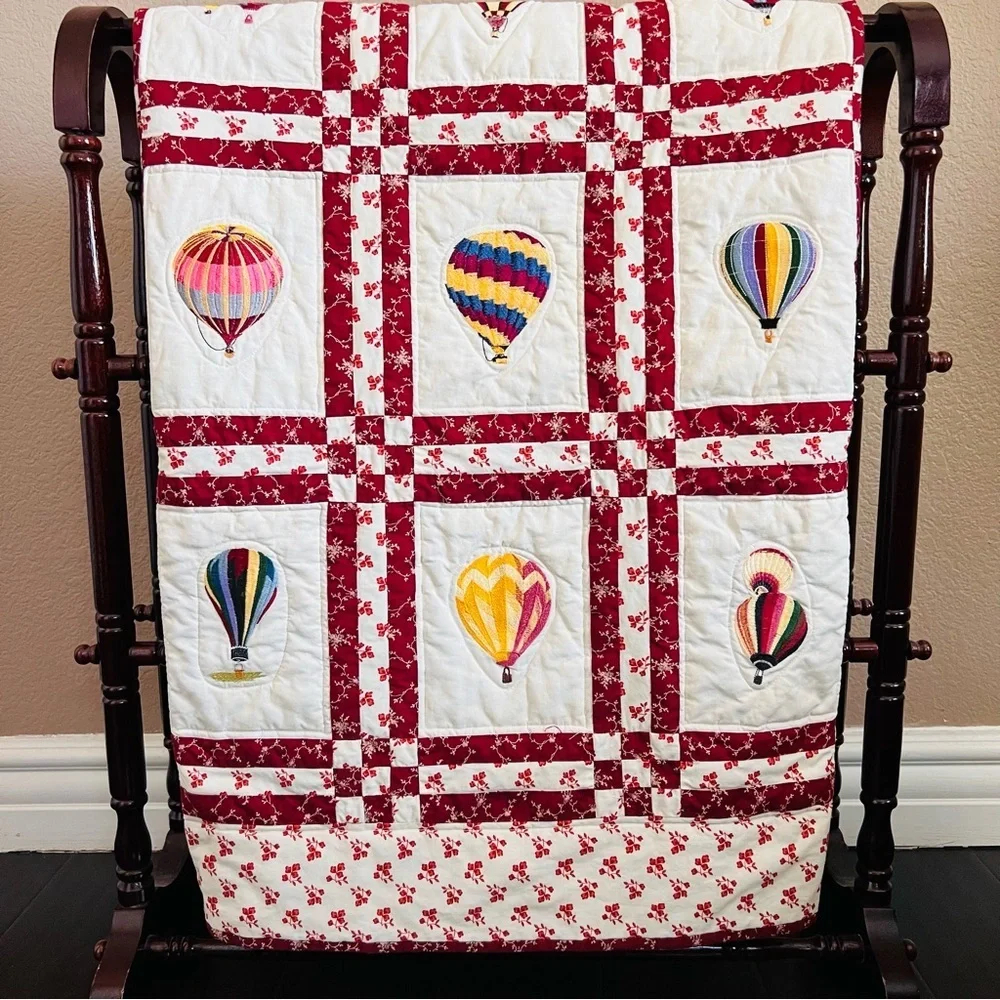 Bespoke Handmade Embroidered Hot Air Balloon Cotton Wall-Hanging Quilt.